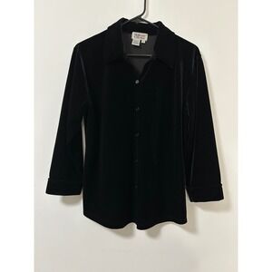 Goth Emo Witchy Stretch Black Velvet Button Up Shirt Long Sleeve‎ Collared Top M